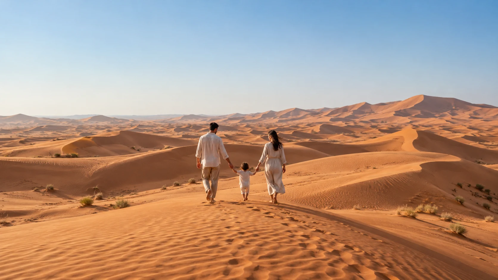 A family enjoying an unhurried walk in the desert