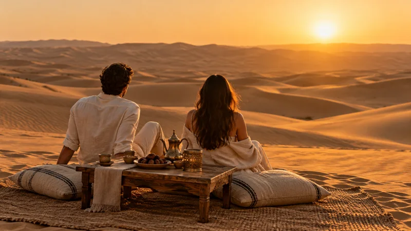 A quiet private desert picnic at golden hour