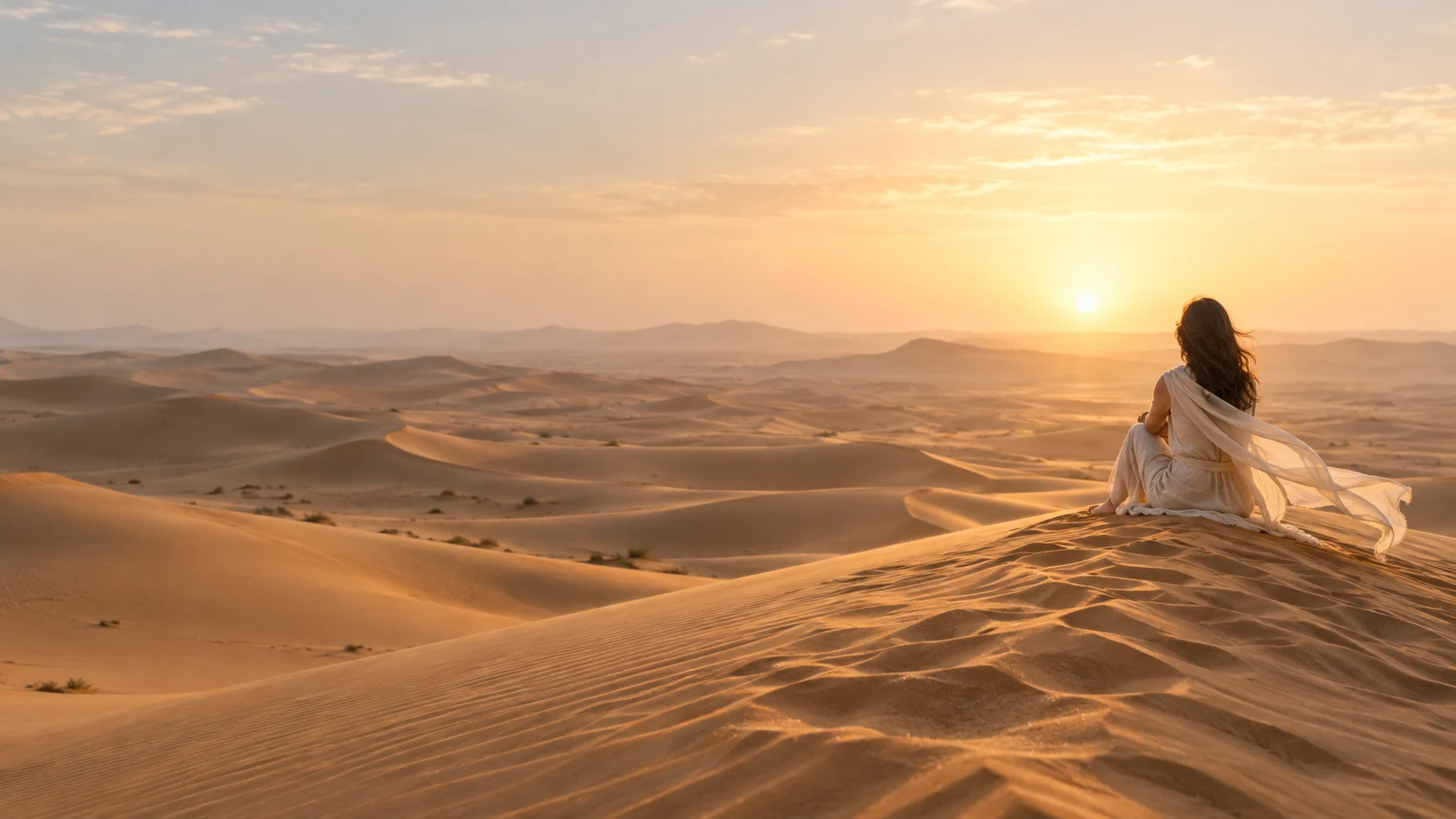 A quiet moment looking over sunlit Dubai dunes